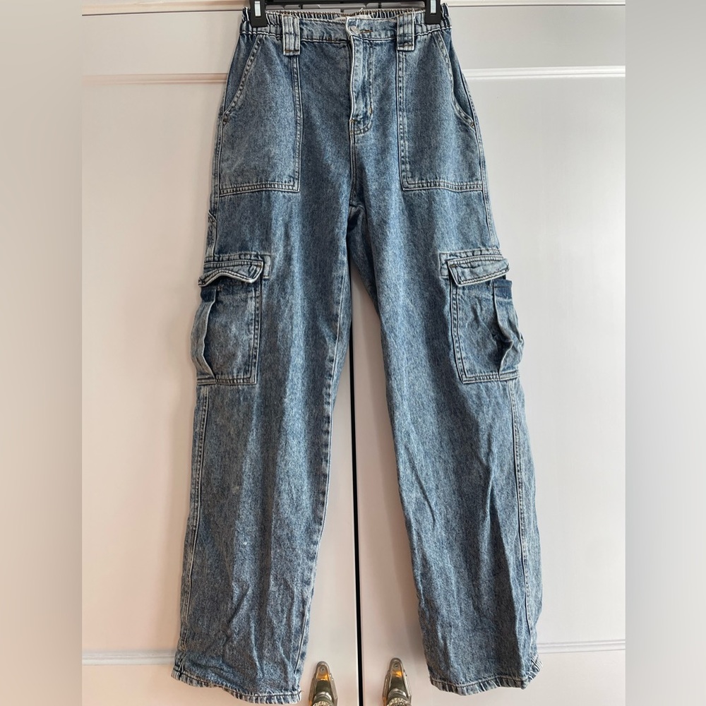 Garage Mika Blue Baggy 90s Elastic Waist Straight Leg Cargo Jean Pants Size 25